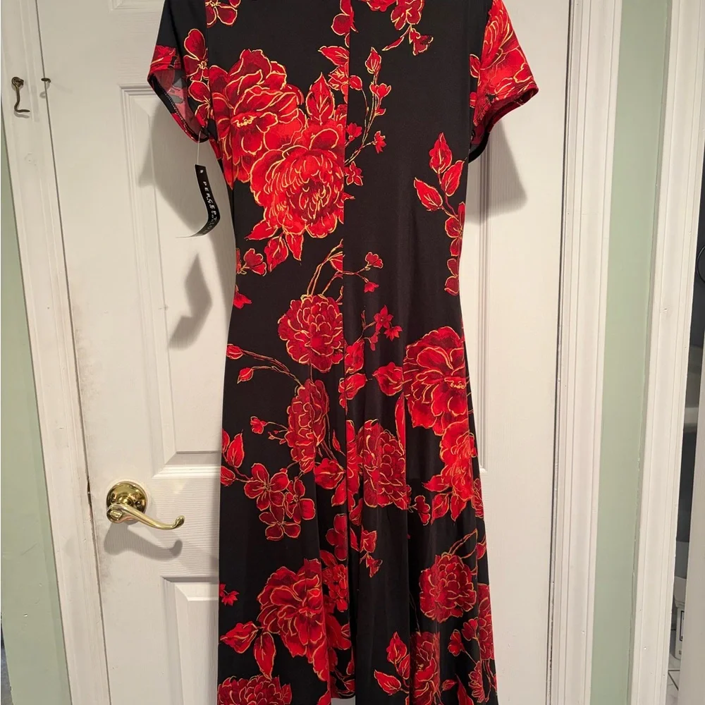 Perceptions NY NWT Floral Faux Wrap Midi Dress Medium Black Red Wedding Guest - Picture 5 of 11